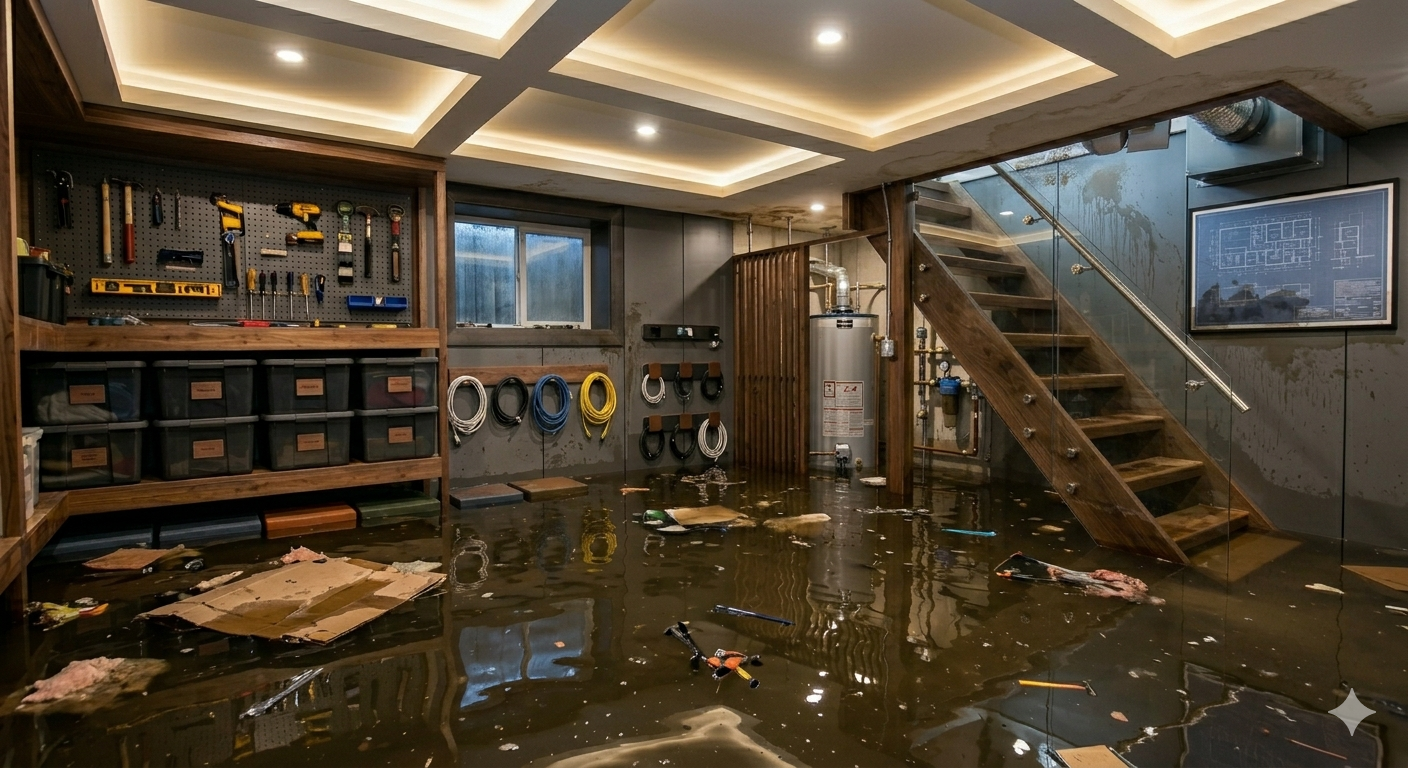 Flooded Bellevue basement before restoration
